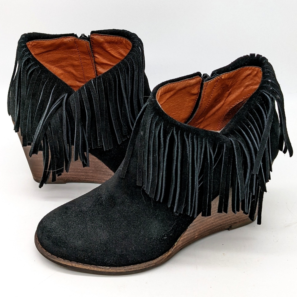 Lucky Brand Yachin Black Suede Wedge Ankle Boots with Fringe,Women's Size 8.5